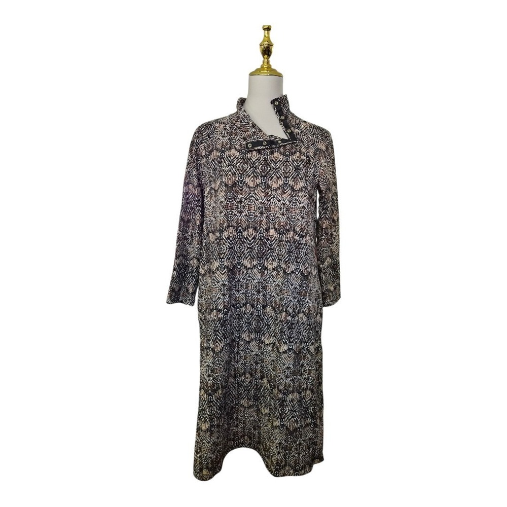 J.McLaughlin Women's Dress Medium Brown Black‎ Print Funnel Neck Button Accent